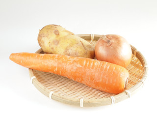 カレーライスの具材の野菜　ジャガイモ、ニンジン、タマネギ