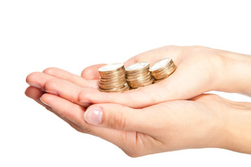 Closeup of human hands holding coins