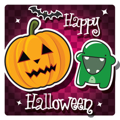 Happy Halloween card with pumpkin, monster and a bat, vector