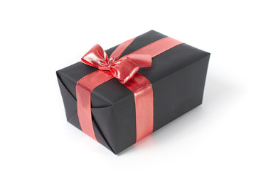 black gift box with red ribbon