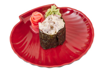 spice sushi with sauced slices of smoked Eel, chicken and caviar