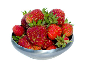 ripe strawberries in metal dish isolated on white