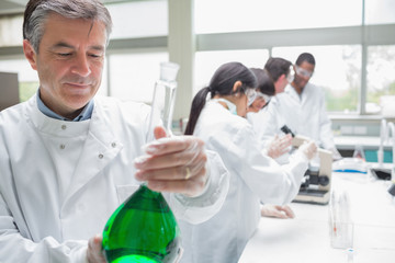Fototapeta premium Chemist viewing liquid while other persons doing research