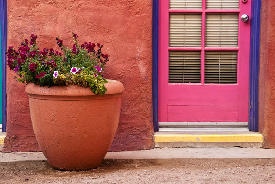 Flower pot by door against terracotta wall