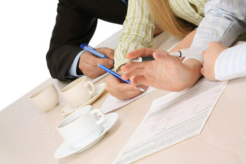 Business people working, focus on their hands