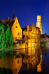 Fototapeta premium View from the Rozenhoedkaai of the Old Town of Bruges at dusk
