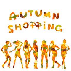 Autumn shopping advertising with falling leaves patterned women