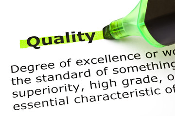 Dictionary definition of the word Quality highlighted in green - obrazy, fototapety, plakaty