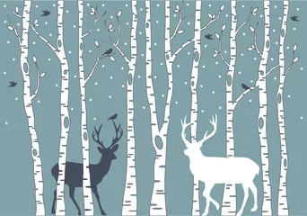 Peel and stick wall murals Birds in the wood birch trees with deer, vector background