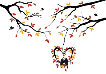 Stickers pour porte Oiseaux en cages oiseaux sur l& 39 arbre d& 39 automne dans le nid de coeur, vecteur