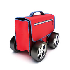 Traveling suitcase on wheels, road travel concept