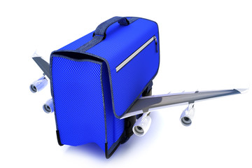 Traveling blue suitcase with wings,airline travel concept