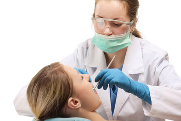 Examining patient's teeth, closeup, isolated on white