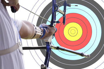 An archer drawing a bow with archery target background. (clippin