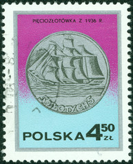 stamp printed by Poland shows a commemorative coin