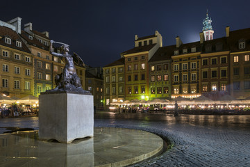 Obraz premium Scena nocna pomnika syrenki warszawskiej