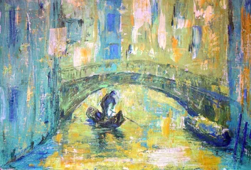 Ein Blick auf den Kanal mit Boot und Brücke in Venedig © denys_kuvaiev