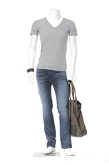 Full length male mannequin dressed in jeans with bag