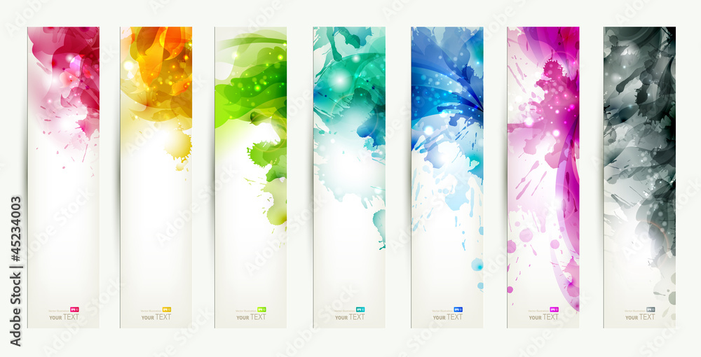 Poster set of seven varicolored banners, abstract headers with blots