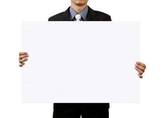 businessman holding blank sign on white