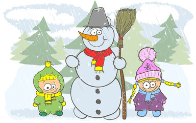 Happy children and snowman