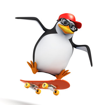 3d Penguin in baseball cap does skateboard jump