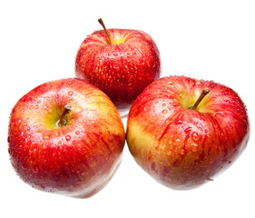 Three juicy apples lay on white background