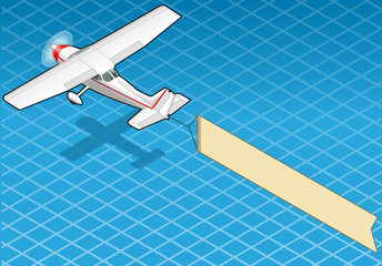 isometric white plane in flight with aerial banner - obrazy, fototapety, plakaty