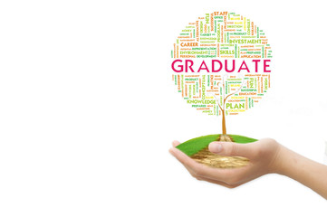 Tree word tag cloud business concept on ground grass background