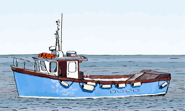 Hand Sketched Drawing Of A Fishing Boat With Color Fill