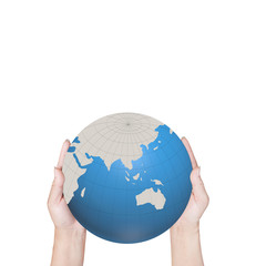 World in hands, global business on background white