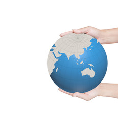 World in hands, global business on background white
