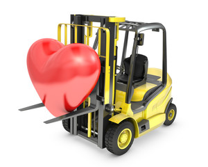 Fork lift truck lifts red heart