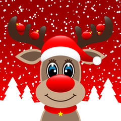 Fototapeta na wymiar Rudolph 4 Christmas Balls Winter Forest Snowfall Red