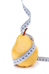 Pear measured the meter isolated on white, weight loss concept
