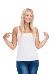 smiling teenage girl in blank white t-shirt