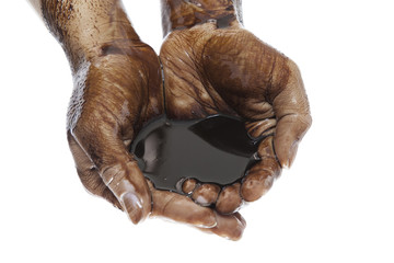 Heavy fuel in human hands cupped cutout on white