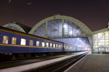 The train station at night in Lvov, Ukraine