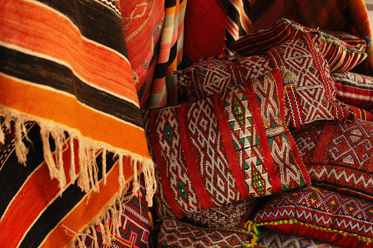 Moroccan cushions in a street shop in medina souk