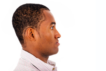 Obraz premium Young black man profile face over white background. Space to ins