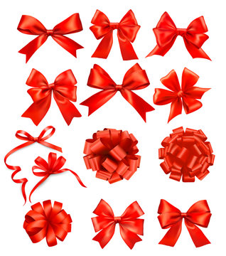 Big set of red gift bows with ribbons Vector