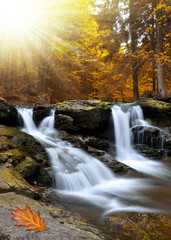 Waterfall in the autumn forest in Czech Republic