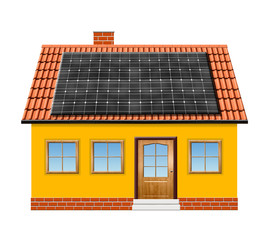 small house with solar panel isolaed on white background