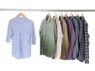 Men's different sleeved plaid cotton shirt with on hanger