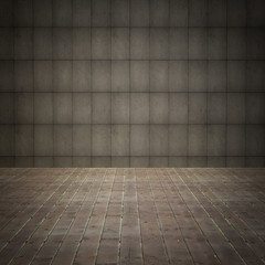 interior room with grunge wall and old wood floor