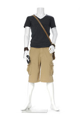 full length male mannequin dressed in t- shirt with short pants