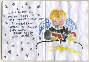 Hand painted sketchbook with baby using paintbrush