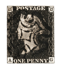 Victorian GB Penny Black mail stamp on white, circa 1840