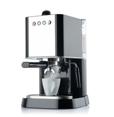 Coffee machine with a white cup, isolated path included