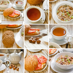 collage of light breakfast with tea, fruit, sandwich 